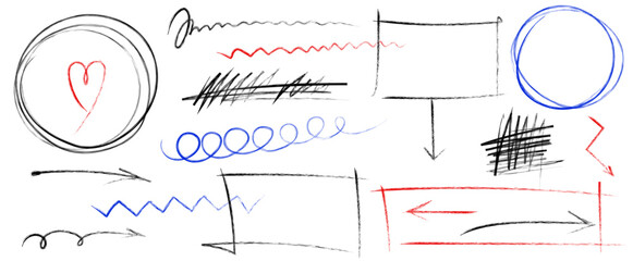 Leinwandbilder - Set of sketchy shapes and underline elements Scrawls, highlights, hand drawn arrows, grunge lines, crayon scribbles, rough brush charcoal pen stroke, emphasis marks. Sketches of ellipse rectangle oval