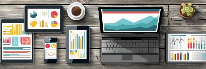 Fototapete - Digital Workspace Featuring Tablet, Phone, and Laptop Displaying Data Analysis Graphs on a Rustic Wooden Table