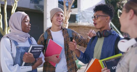 Aufkleber - Group, studying and smile for exam, college and friends with headphones, questions and practice in campus. Education, people and knowledge for test, books and university students, diversity and talk