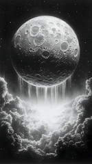 Wall Mural - A huge planet with craters floating above bright clouds in a dark starry sky