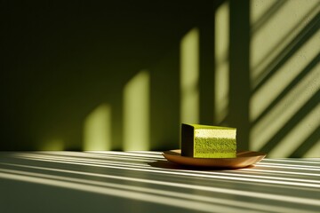 Aufkleber - Minimalist Matcha Cake With Striking Abstract Shadow Play Highlights Simplicity and Elegance in Dessert Presentation