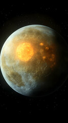 Wall Mural - Planet with a bright sun its surface marked with intricate patterns and bathed in light amidst a starry sky