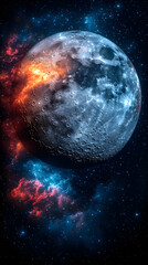 Wall Mural - A crescent moon with detailed craters shines amidst fiery red and cool blue space clouds in deep black