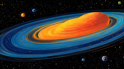 Wall Mural - A vibrant ringed planet orbits in a starry space with several smaller colorful planets