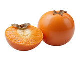 
An ultra-realistic 3D render of a whole persimmon and a halved one with glassy orange flesh and smooth skin, isolated on white.