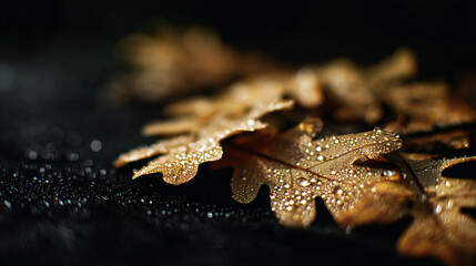 Wall Mural - Golden oak leaves with water droplets on a dark surface.