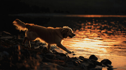 Wall Mural - Golden retriever running on rocky lakeshore at sunset