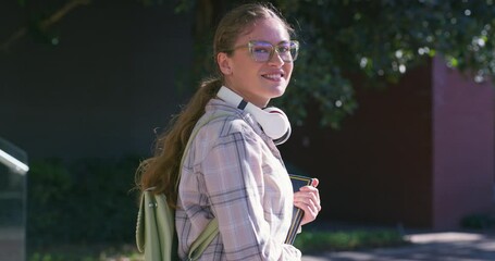 Poster - Face, books or happy girl walking to university campus outdoor for learning opportunity, study or education. Portrait, smile or student at college school with glasses for knowledge, commute or travel
