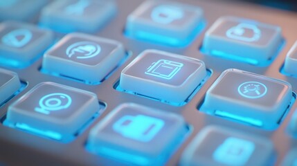 Illuminated app control panel; close-up; futuristic interface; glowing buttons; technology background