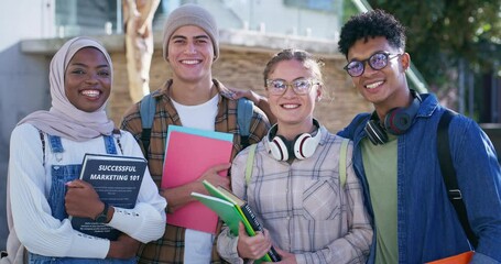 Poster - Group, portrait and happy for exam, education and friends with headphones, books and practice in campus. Outdoor, people and knowledge for test, smile and university students, studying and teamwork