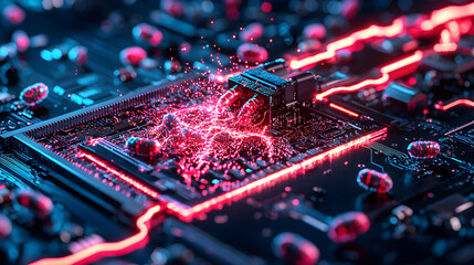 Wall Mural - a stunning visual depicting a circuit board with vibrant red and blue lights. use for futuristic tec