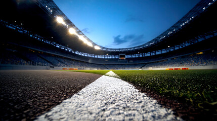 Fototapete - Perspective view of an empty modern stadium during twilight showcasing field and lights : Generative AI
