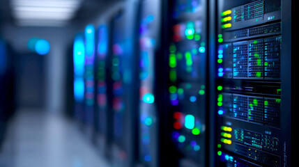 Aufkleber - Hightech data center with multiple server racks displaying colorful LED lights and advanced technology for storage : Generative AI