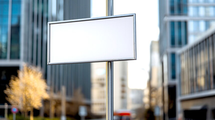 Poster - Empty blank advertising sign on a street post with a blurred city backdrop in urban setting : Generative AI