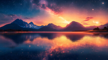 Serene Night Landscape with Milky Way and Mountain Reflections