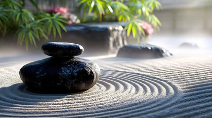 Poster - Serene Zen Garden with Stacked Stones and Raked Sand for Tranquility and Relaxation : Generative AI