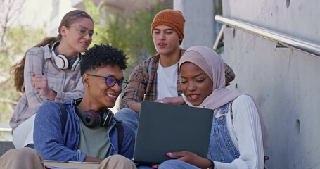 Poster - Group, steps and laptop for education, friends and discussion for exam, books and practice in campus. Outdoor, people and knowledge for test, reading and university students, smile and teamwork