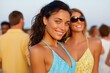 © Leo Rohmann - Young smiling woman enjoying outdoor summer event with crowd in background under natural light wearing blue dress and joyful expression for lifestyle editorial stock use