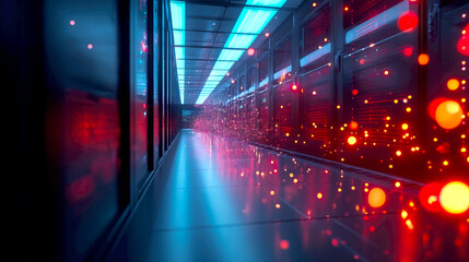 Fototapete - Futuristic data center hallway illuminated by vibrant lights showcasing advanced technology infrastructure : Generative AI
