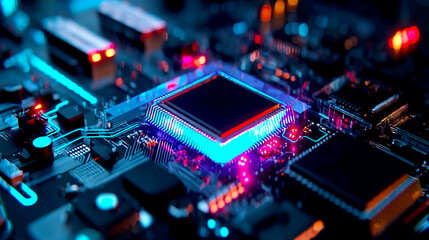 Fototapete - Closeup view of a hightech motherboard with illuminated components and colorful lights : Generative AI