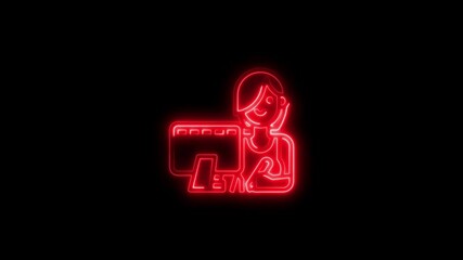 Red neon icon of woman working on computer for technology concept