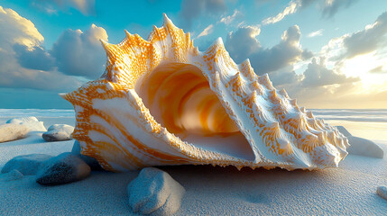 Poster - Beautiful seashell with intricate patterns resting on sandy beach with ocean waves and clouds in the backdrop : Generative AI