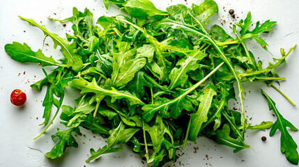 Aufkleber - Fresh and healthy arugula salad leaves arranged on a light background ready for delicious recipes : Generative AI