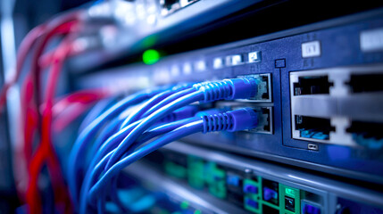 Fototapete - CloseUp of Server Equipment with Colorful Network Cables Connected to Ports : Generative AI