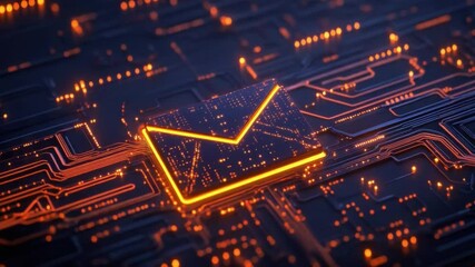 Wall Mural - futuristic digital mail icon on circuit board background with glowing elements and technology concep