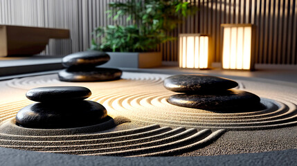 Leinwandbilder - Zen Garden with Smooth Black Stones and Intricate Sand Patterns Under Soft Lighting : Generative AI