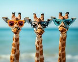 Three giraffes wearing sunglasses at the beach
