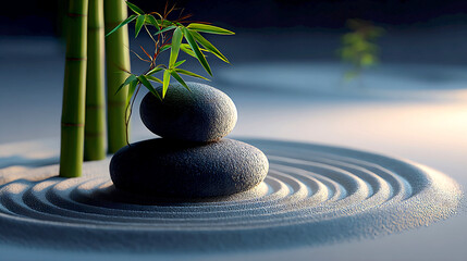 Aufkleber - Serene Zen Garden with Stones and Bamboo Capturing Tranquility and Balance in Nature : Generative AI