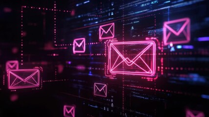 Wall Mural - futuristic digital mail icons with neon effects and abstract data connections in virtual space