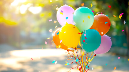 Poster - Colorful Balloons with Confetti Celebrating a Joyful Occasion in a Bright Natural Setting : Generative AI