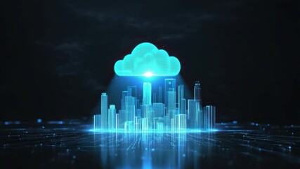 Wall Mural - futuristic cityscape with cloud computing concept in digital environment and neon glow effect