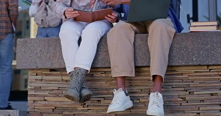 Poster - Legs, students or people on campus in university steps or college stairs for research books or help. Shoes, laptop or friends sitting on ledge for class project, learning or school exam preparation