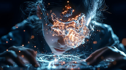 Wall Mural - a futuristic image of a person interacting with digital technology. the focus is on a glowing networ