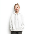© Pemika - Girl wearing blank white hoodie mockup, casual style, relaxed, standing against white wall