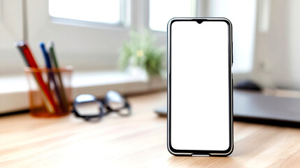 Poster - Modern smartphone displayed on a wooden desk with empty screen ready for personalization and creativity : Generative AI