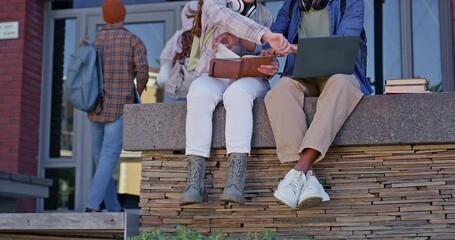 Poster - Legs, students or people on campus in college steps or university stairs for research books or tutor. Shoes, laptop or friends sitting on ledge for class project, learning or school exam preparation