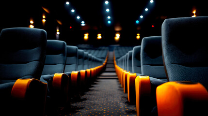 Aufkleber - Cinema interior with empty rows of comfortable chairs and dim lighting creating a cozy atmosphere : Generative AI