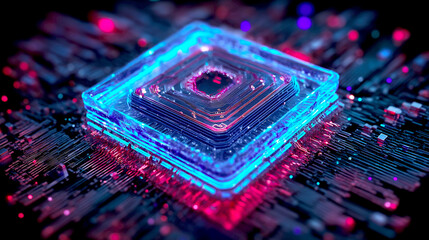 Aufkleber - Futuristic digital technology design with a glowing 3D processor chip in vibrant blue and pink colors : Generative AI