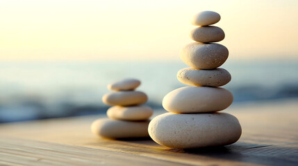 Leinwandbilder - Balanced arrangement of smooth stones symbolizing tranquility and inner peace by the sea : Generative AI