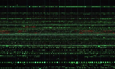 Wall Mural - hi tech motion graphic background, green and red flickering dots on dark background