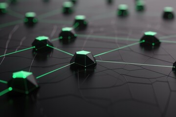 abstract network design with glowing green nodes on a dark background.