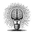 © ascrea - brain inside bulb lamp sketch engraving black and white outline. Scratch board imitation.