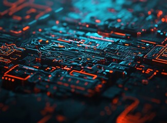 Wall Mural - abstract technology circuit board with neon blue and orange glow