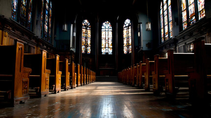 Poster - Elegant interior of an old church featuring stunning stained glass windows and wooden pews : Generative AI