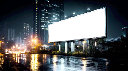 Aufkleber - Empty illuminated billboard on a rainy night with modern city buildings in the background : Generative AI