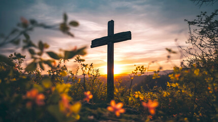 Poster - Scenic Sunset with a Wooden Cross Surrounded by Nature's Beauty : Generative AI